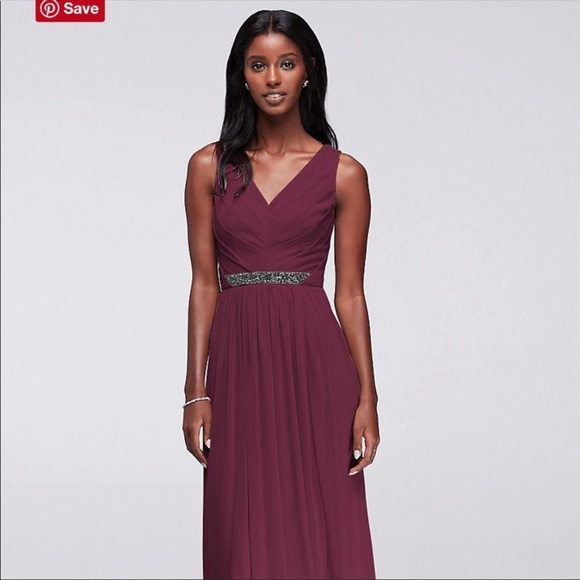 David's Bridal Long Mesh Dress with V-Neck and Beaded Waistband Size 0 WINE COLO - Picture 2 of 8